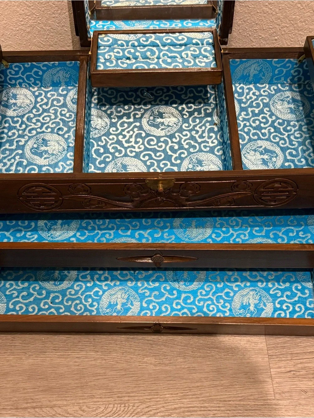 Decorative Blue Fabric-Lined Jewelry Box with Mirror - Brand Unspecified